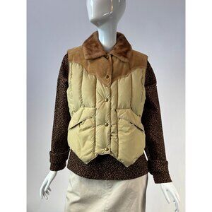 Woolrich Womens Western Style Down Puffer Vest With Faux Fur Collar Beige/Brown